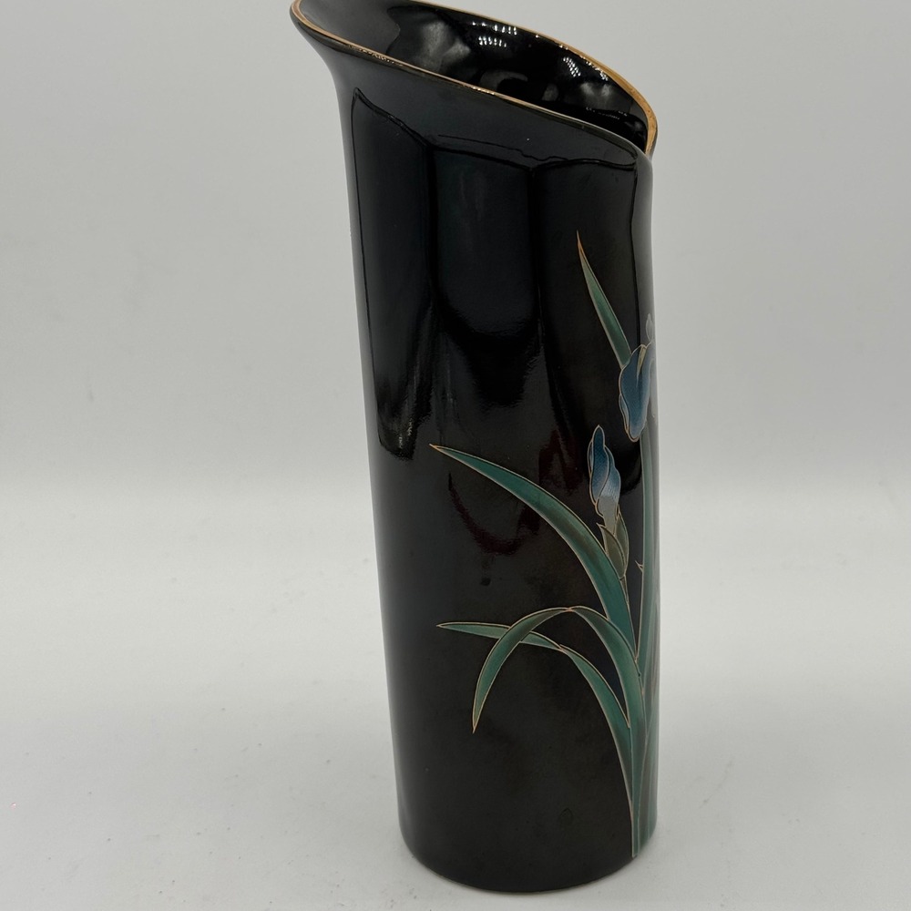 Vintage Takahashi San Francisco Black Onyx Iris Vase Gold Gilt Japan Sticker 8"